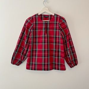 J. Crew Puff-sleeve Poplin Top in Good Tidings Plaid Keyhole Red Green Blouse XS